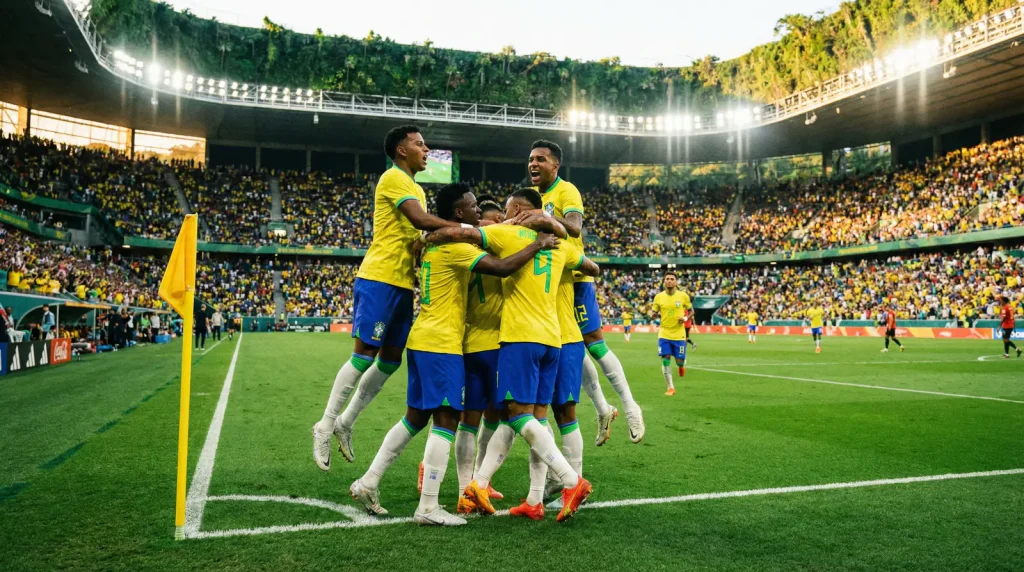 Brasilian jalkapallomaajoukkueen pelaajat kentällä MM 2026 -turnauksessa