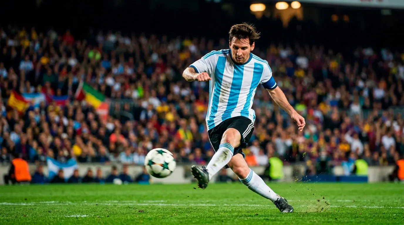 Lionel Messi tähtäämässä maaliin Argentiinan ja Itävallan ottelussa — MM-historian maaliennätyksen sijoittumishetki