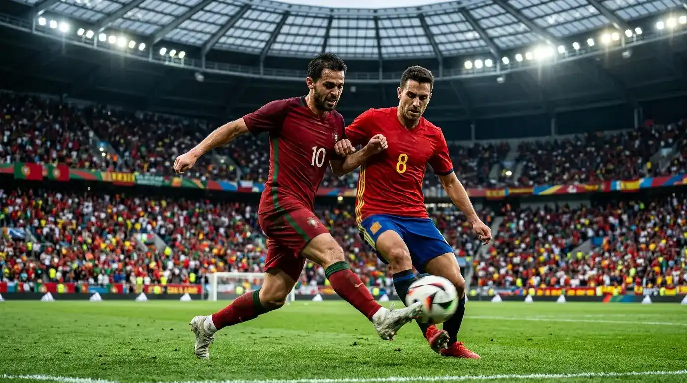 Portugalin ja Espanjan pelaajat kamppailevat pallosta MM 2026 -pudotuspeliottelussa täydellä stadionilla