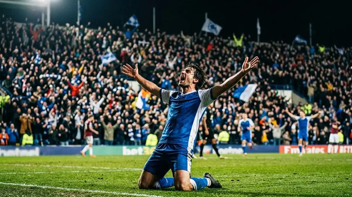 Pelaaja juhlii voittomaalia loppuhetkillä täyden katsomon edessä