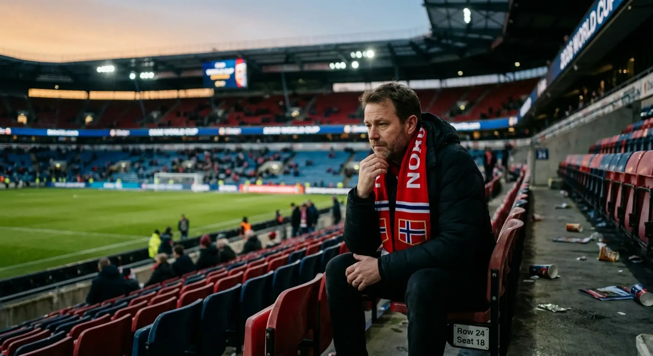 Norjan kannattaja katsoo haikeana ottelun päätyttyä, tyhjenevä stadion taustalla