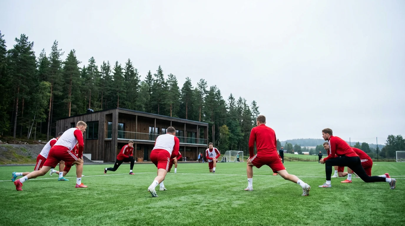 Pohjoismaisten joukkueiden pelaajat jalkapallokentällä harjoituksissa